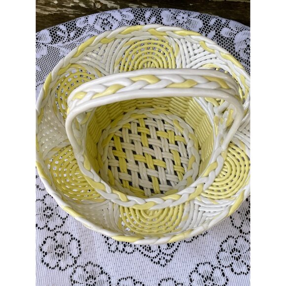 Vintage 1950s Porcelain Openwork Wicker Style Basket Yellow White - Picture 3 of 14